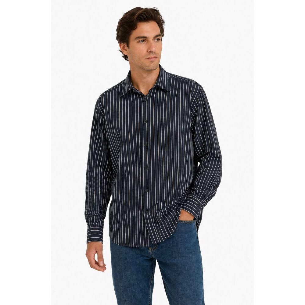 Bugatchi Stripe Classic Fit Button Up Shirt Navy L